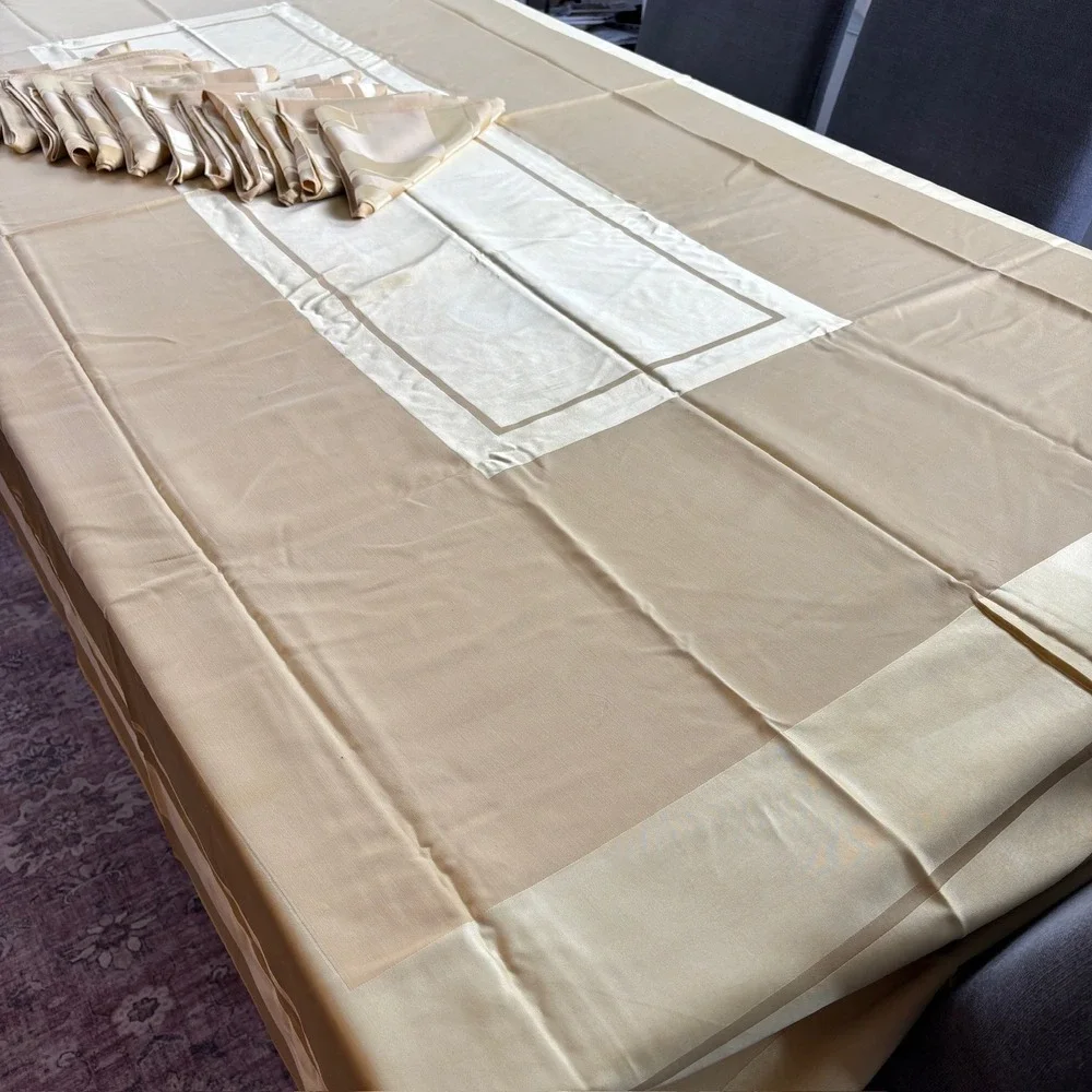 Champagne Gold Satin Stripe Tablecloth and 12 Matching Napkins Dining Set